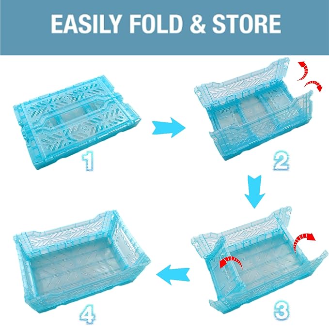 PTEREIW 4Pack Pastel Plastic Storage Crates and Baskets, Collapsible Crates for Organizing, 4L Space Saving Bins for Classroom, Kitchen, Office, Bedroom,Desk Organizer. (Mix Colors)
