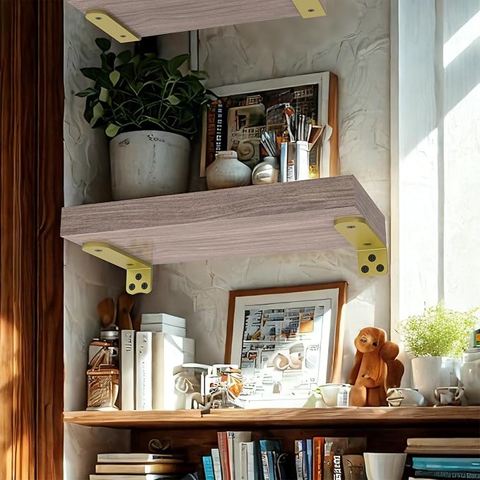 Floating Shelf Bracket, 12 Inch 6PACK Gold Heavy Duty Shelf Bracket, Hidden Shelf Brackets 1/5 in Thick, L Brackets Support for Shelves, Suitable for Kitchen, Study Or DIY, Holds Over 160lb+