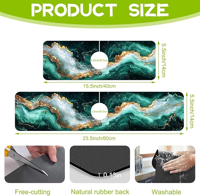 Emerald and Gold Marble Texture Kitchen Sink Splash Guard Faucet Mat, Super Absorbent Fast Drying Mat Guard Behind Faucet, Drip Catcher for Kitchen Bathroom, 15.5"X5.5"