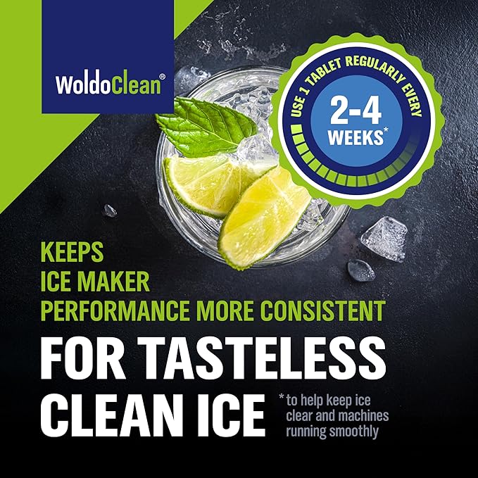 WoldoClean Ice Machine Cleaner Tablets 20 Count - 2in1 Descaler, Extra Strength 16g Dual Action for Countertop, Nugget, Portable and Commercial Makers, Nickel