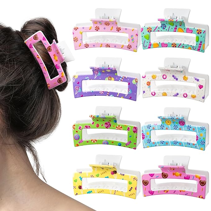 PANTIDE 8Pcs Candy Hair Claw Clips for Women - Christmas Candyland Colorful Rectangle Nonslip Aesthetic Clips Rainbow Lollipop Sweets Hair Accessories Party Favors Birthday Gifts