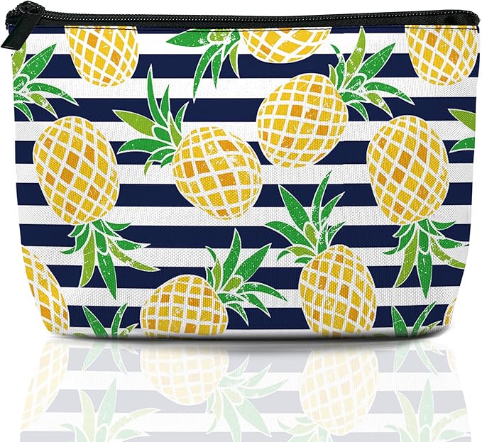 Cartoon Pineapple Cosmetic Bag Blue White Stripes Makeup Bags,Travel Make up Bags for Women Girls Cute Zipper Pouch Toiletry Organizer Bag Travel Essentials
