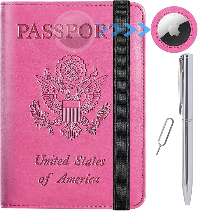 Airtag Passport Holder Cover Wallet Travel Essentials RFID Blocking Leather Card Case International Must Haves Travel Accessories for Women Men(119#Pink)