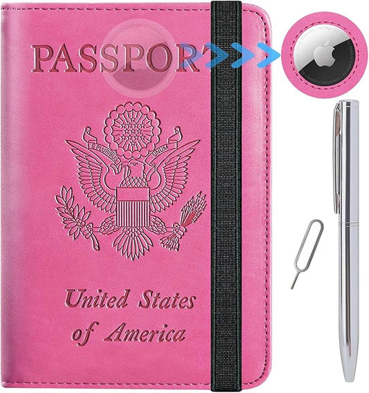 Airtag Passport Holder Cover Wallet Travel Essentials RFID Blocking Leather Card Case International Must Haves Travel Accessories for Women Men(119#Pink)