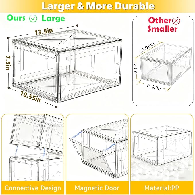 6 Pack Large Drop-Front Black Transparent Shoe Boxes, Stackable Sneaker Storage Container for Closet, Fits US Size 13+, Magnetic Front Door, Heavy-Duty Reinforced Plastic Shoe Organizer