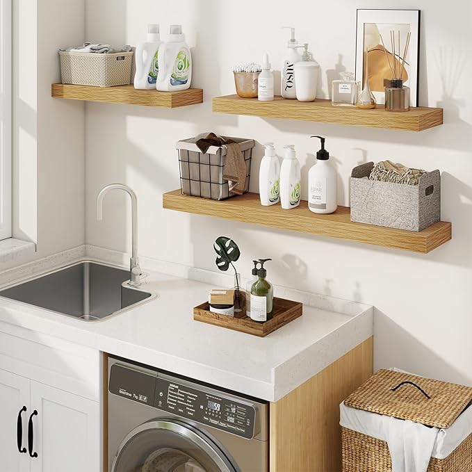 fuqing Floating Shelves for Wall, Wall Mounted Wood Floating Shelf with Invisible Brackets for Living Room, Bathroom, Bedroom, Kitchen Storage and Decor, 16 Inch Set of 2, Oak
