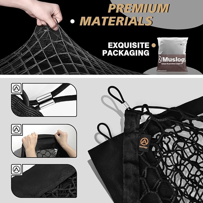 Muslogy Envelope Style Trunk Cargo Net Compatible with Toyota RAV4 2019-2024 2025 Accessories Custom Fit Trunk Organizer Upgraded Storage Luggage Net with Metal Hooks