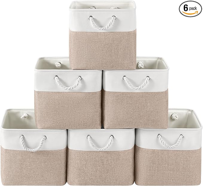 VQRTEXA 13 x 13 Inch Cube Storage Bins, 6 Pack Fabric Storage Basket with Handles, Foldable Boxes Organizer for Shelf Baskets for Home, Clothes (White/Khaki)