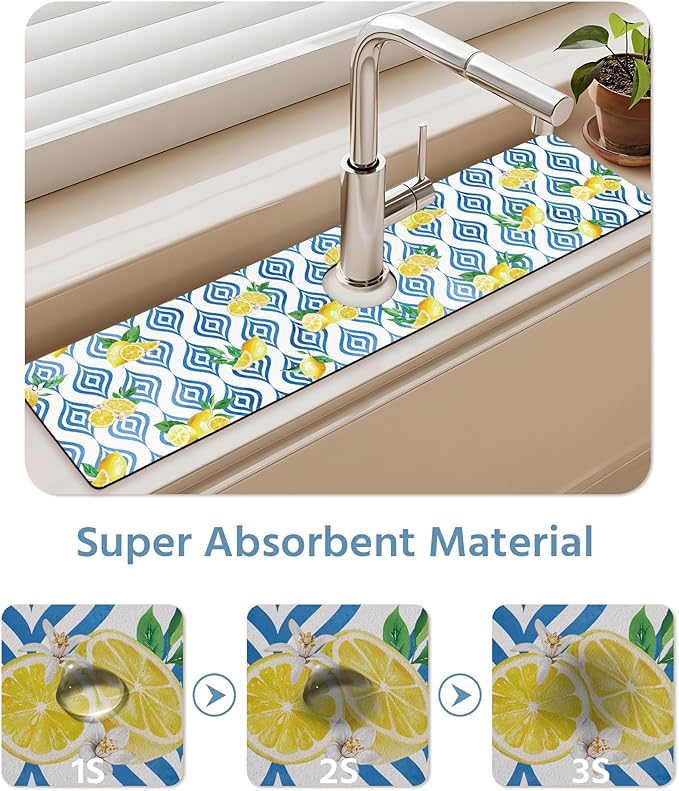 Patterned Sink Faucet Mat Kitchen Splash Guard Super Absorbent Drying Mat, Non-Slip Drain Pad for Kitchen Counter or Bathroom-15x5.5in