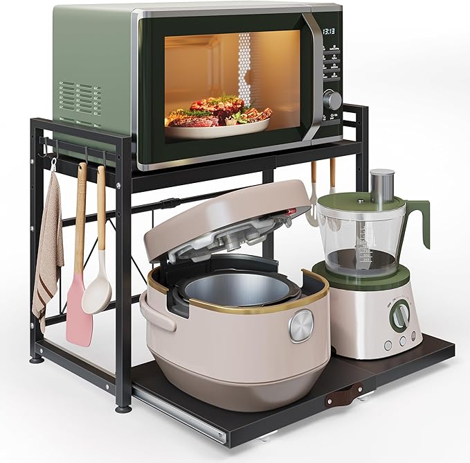 NETEL Expandable Microwave Stand,2 Tier Metal Kitchen Countertop Organizer Shelves with 8 Hooks,Bakers Rack,Pull-Out Microwave Shelf,55lbs Weight Capacity,Black