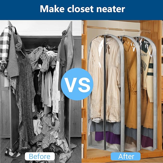 3 Pack 60" Long Garment Bags for Hanging Clothes Storage, Clear Suit Garment Bags with 4" Gussets for Closet Storage Travel, Plastic Protector for Dress Gowns, Coats, Suit, Down Jacket
