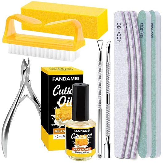 FANDAMEI Nail Buffer and File, Nail Care Kit with 3PCS Nail Files, 2PCS Nail Buffers, Rectangular Nail Buffer Block, Cuticle Nipper, Cuticle Pusher, Peeler. Cuticle Oil Milk and Honky Nail Manicure