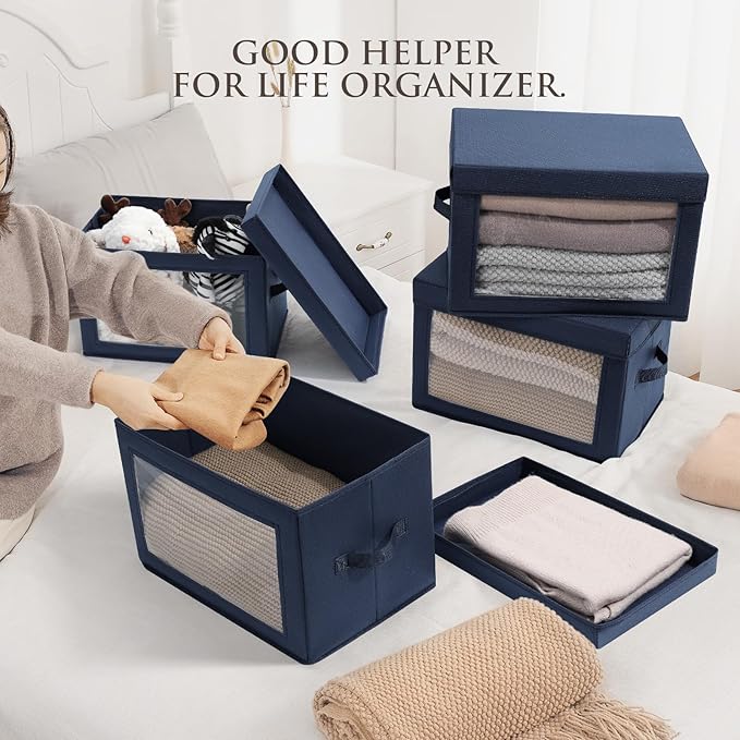Foldable Storage Boxes with Lids - Decorative Storage Boxes with Clear Window, Fabric Storage Baskets for Organizing, Closet Storage for Clothes, Yarn, Home, Navy Blue, 4-Pack