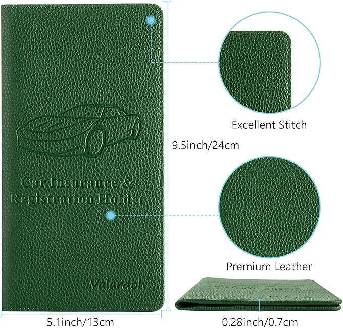 Valardoh Premium Car Registration and Insurance Card Holder, Car Document Holder for Cards, Driver License & other Essential Documents (Dark Green)