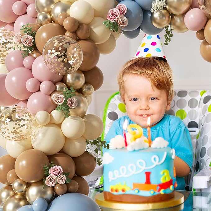 Woaipati 148Pcs Dusty Pink Blue Brown Yellow Balloon Arch Garland Kit, Retro Pink Dusty Blue Brown Pastel Yellow Gold Confetti Balloons for Baby Shower Wedding Engagement Birthday Party Decorations