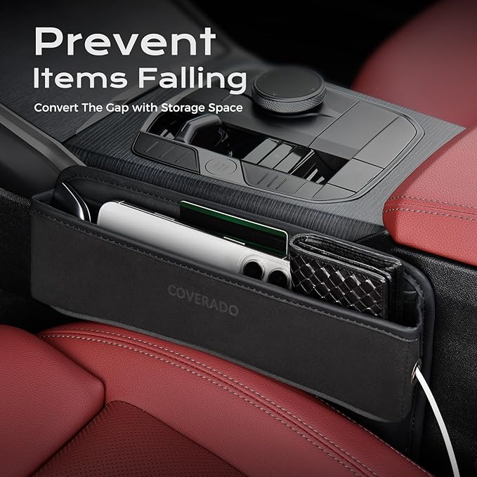 Coverado Universal Car Seat Gap Filler Organizer, Premium Suede Leather Car Seat Side Gap Filler, Seat Gap Storage Box for SUV Truck, Car Interior Accessories, Black-1pc