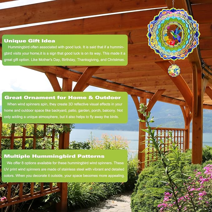 Wind Spinners - 12 Inches Large Metal Hummingbird Wind Spinner, 3D Reflective Wind Sculptures for Home, Outside Decor, Garden, Yard Art, Gifts for Mom, Daughter, Grandma's Birthday, Light Green