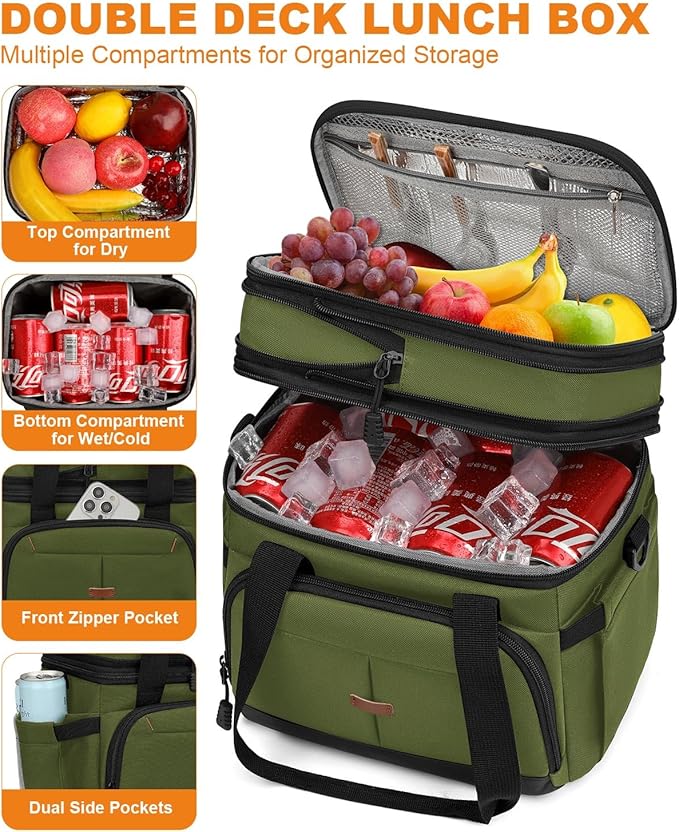 Pritent Lunch Box For Men Women Double Deck Insulated Lunch Bag For Men Woman Leakproof Expandable Cooler Bag with Adjustable Shoulder Strap for Work Shool Picnic(Green,Medium)
