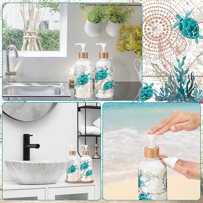 Potchen 2 Pack Glass Soap Dispenser Set Bathroom Decor Housewarming Gift Glass Soap Dispenser with Pump Wood Tray Home Decoration for Kitchen Bathroom(Sea Turtle)