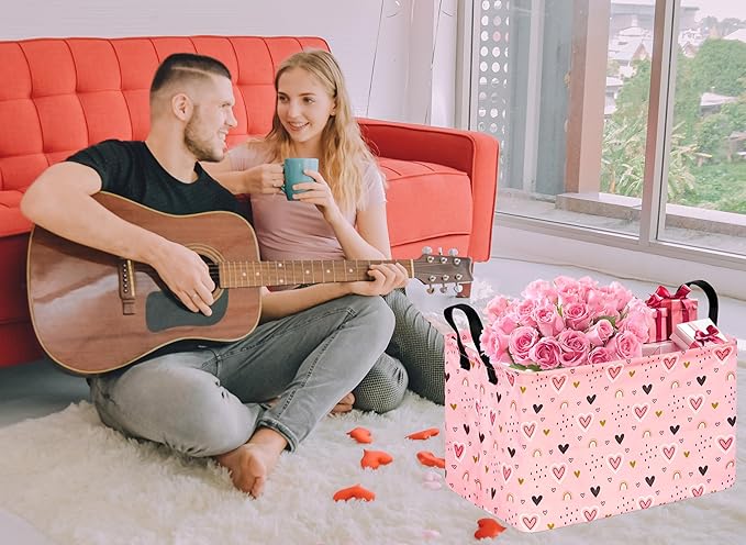 Rec Pink Heart Print Box Hamper Storage Basket Collapsible Organizer Bin Gift Shelf Baskets for Home and Kitchen Storage