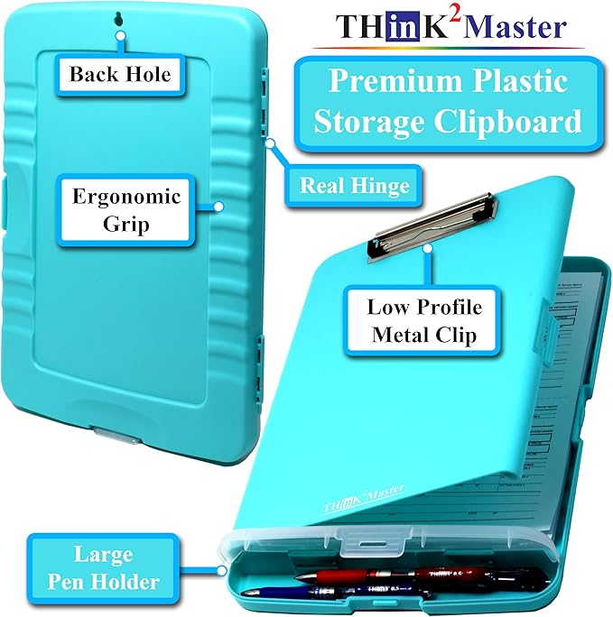Think2Master Teal Plastic Storage Clipboard with Pencil Holder. | 25% Heavier & 25% Sturdier| Heavy Duty. Must Have for Nurses, Teachers & Classrooms.