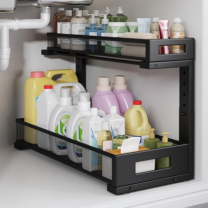 1 Pack 19-Inch Deep Under Sink Storage Organizer, Large 2-Tier Elegant Mesh Pull-Out Shelf for Kitchen and Bathroom Cabinet Organization, L-Shaped and Adjustable Height Design - Black