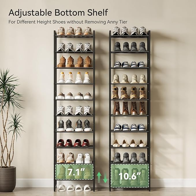 Narrow Shoe Rack, 10-Tier Metal Shoe Organizer,Tall Shoe Shelf with Anti-Tip Strap, Max Holds 20 Pairs,Space Saving for Closet,Entryway,Black