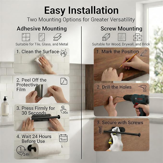 Paper Towel Holder Under Cabinet, Self Adhesive or Screw Mount, Fits Most Standard US Paper Towel Rolls, SUS304 Stainless Steel, Black