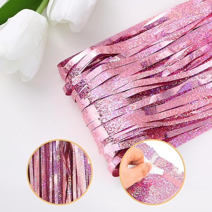 10 Pack Pink Backdrop Curtain 3.2ft x 8.2ft Metallic Tinsel Foil Fringe Curtains Photo Booth Background for Birthday Party Decoration Baby Shower Engagement Wedding Christmas Decoration