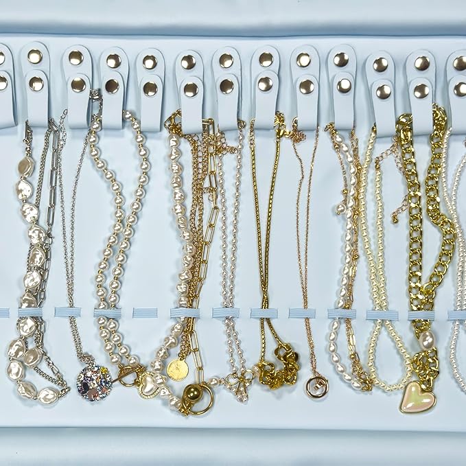 UnionPlus Travel Jewelry Roll, Faux Leather Necklaces Organizer Bag, Elastic Band and Anti-winding, Air Blue