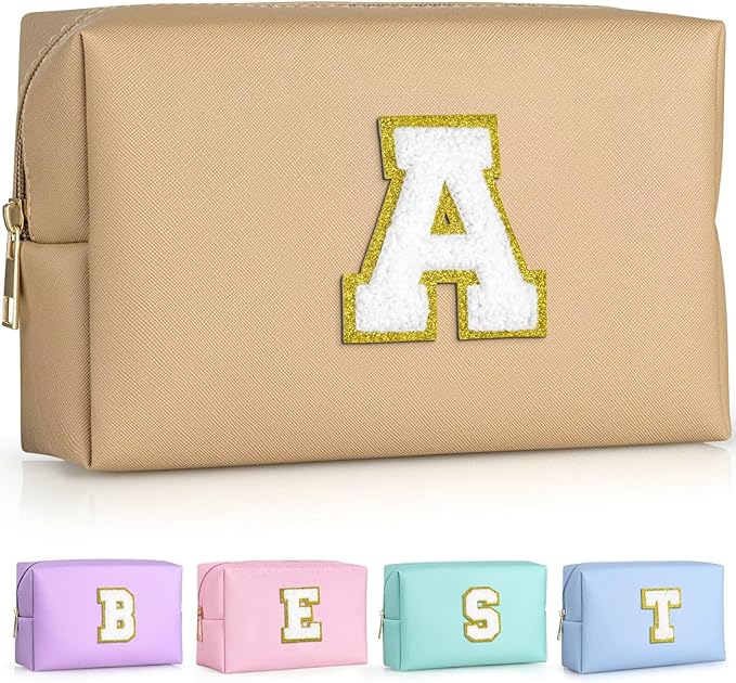TOPEAST Preppy Makeup Bag, Personalized Initial Bags with Zipper, Cute Makeup Pouch, PU Leather Waterproof Cosmetic Bag, Birthday Gift for Daughter, Preppy Things for Girls (Khaki A)