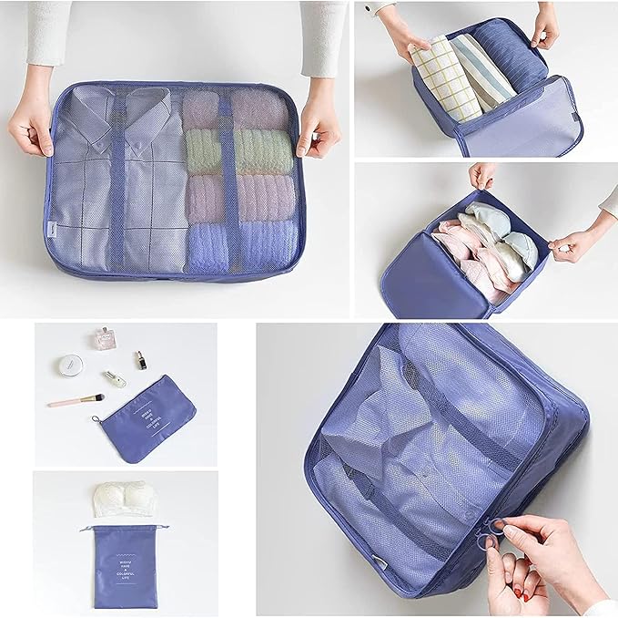 6 Set Packing Cubes for Travel, Luggage Organizers with Shoe & Toiletry Bags, Lightweight Suitcase Organizer for Carry-On, Washable Laundry Bags(Dark Blue)