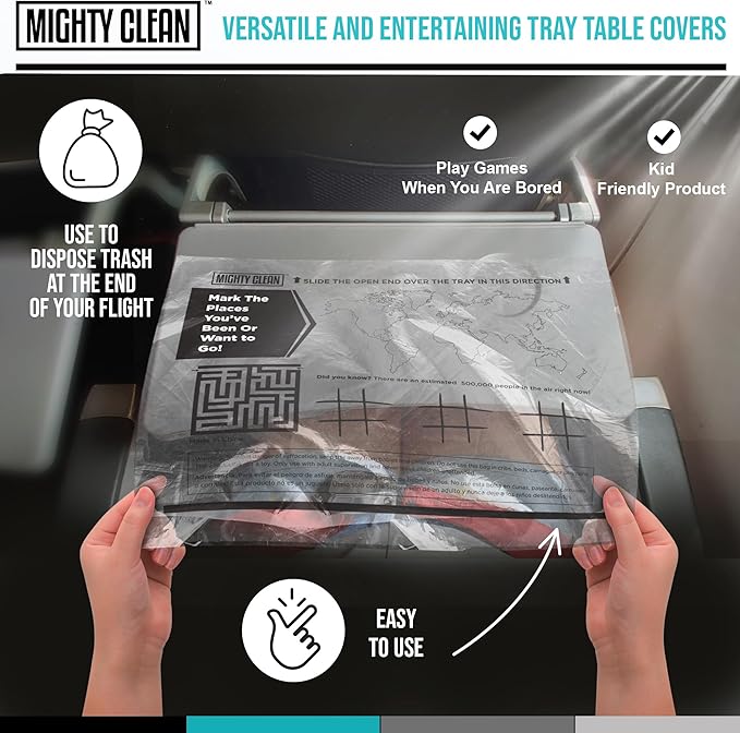 15 Disposable Travel Tray Protectors by Mighty Clean │ Airplane Travel Essentials for Toddler, Kids, and Adults │ Must Have for Flying │ Provides a Clean Surface and Entertainment │ 15 Pack