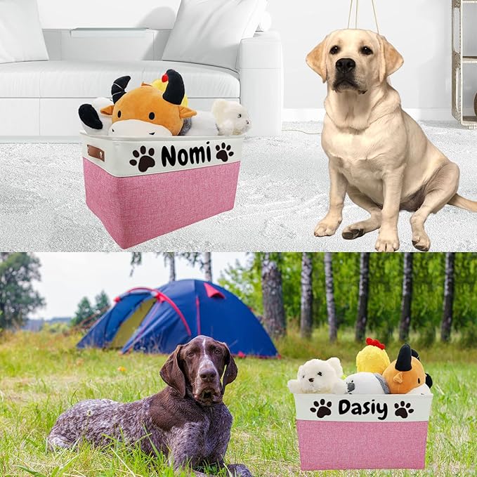 Foldable Dog Toy Bin with Handles - Personalized, Collapsible Dog Toy Box (15" L x 11" W x 9" H)