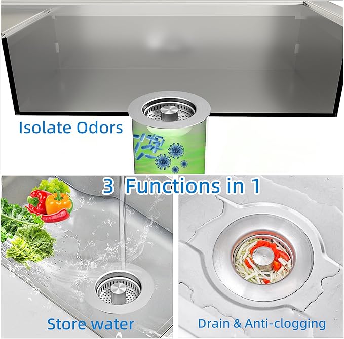 3-in-1 Kitchen Sink Drain Strainer, Pop-up Sink Stopper Kitchen Drain, Anti-Clogging Strainer Basket Odor Prevention Plug Stopper for US Standard 3-1/2” Drain (Silver-2pcs)