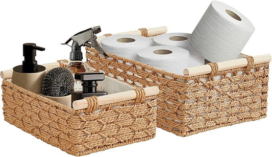 DECOMOMO Wicker Storage Basket, Back of Toilet Basket, Bathroom Organizer, Toilet Tank Tray, Countertop, Home Decor (Beige, Set of 2)