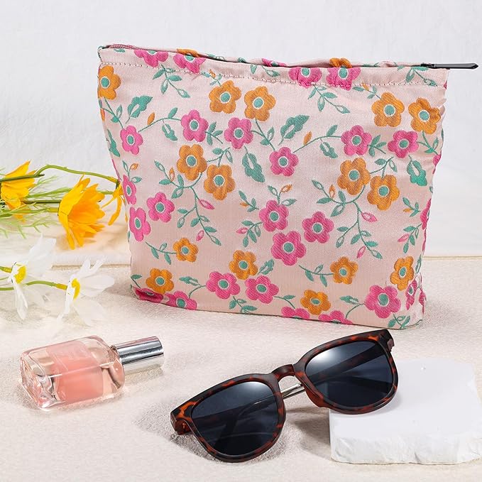 ZLFSRQ Daisy Flower Makeup Bag Travel Cute Floral Cosmetic Bags for Women Large Toiletry Pouch Zipper Cosmetic Pouch for Purse Aesthetic Makeup Organizer Bag Portable Toiletry Bags (Orange and Pink)