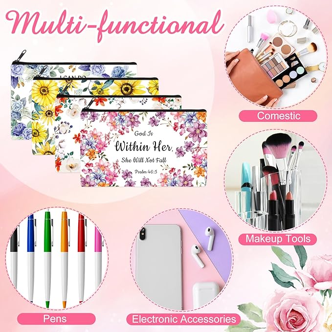 Reginary 20 Pcs Religious Cosmetic Bags Bulk for Women Christian Purse Organizer Pouches Roomy Makeup Bags with Zipper Toiletry Bag Pouch Travel Church Accessory Organizer Gifts, 7 x 4.3 Inches