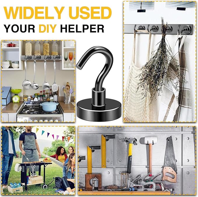 DIYMAG Magnetic Hooks, 85 LB Black Heavy Duty Strong Magnet with Hook, Rare Earth Neodymium Magnets for Hanging, Magnetic Hanger for Curtain, Home, Kitchen, Workplace, 12 Packs