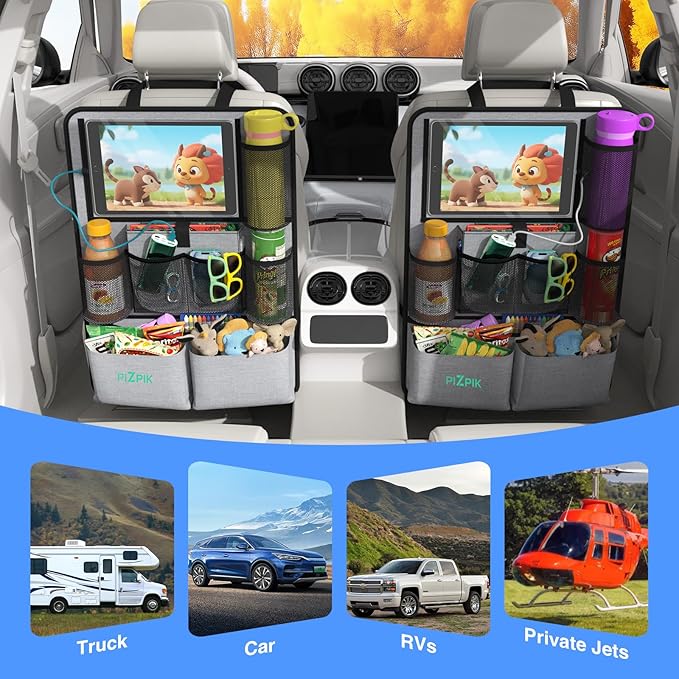 Car Backseat Organizer with Tablet Holder, 11 Storage Pockets with Foldable Food Tray, Protector Kick Mats for Kids, Travel Accessories Organizer (Gray, 2-Pack)