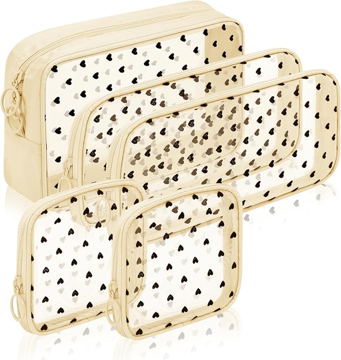 5 Pieces Mini Zipper Nylon Mesh Pouch, Mesh Cosmetic Bags Makeup Bags, Multipurpose Travel Toiletry Bags for Office Supplies and Travel Accessories (Heart Print-Beige, Assorted Sizes)