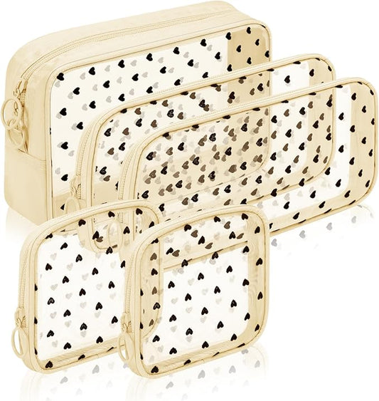 5 Pieces Mini Zipper Nylon Mesh Pouch, Mesh Cosmetic Bags Makeup Bags, Multipurpose Travel Toiletry Bags for Office Supplies and Travel Accessories (Heart Print-Beige, Assorted Sizes)