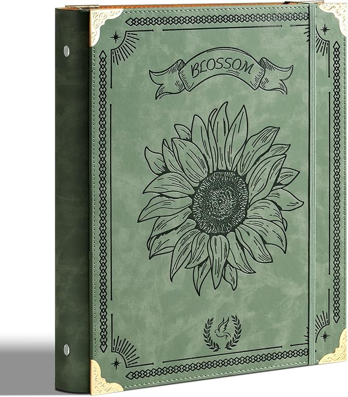 Ovesmusl Sunflower PU Leather 3 Ring Binder 1 Inch Round Ring Binder Holds 200 Sheets 8.5"x11" Letter Size Paper, Wedding Family History Notebook Cover Loose Leaf Organizer, Green
