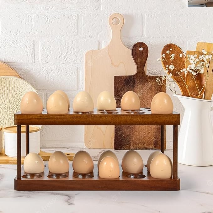 Wooden Double Layer Egg Holder - Farmhouse Kitchen Acacia Egg Tray Organizer - 2 Tier Fresh Egg Storage Rack Basket for Countertop, 36 Capacity
