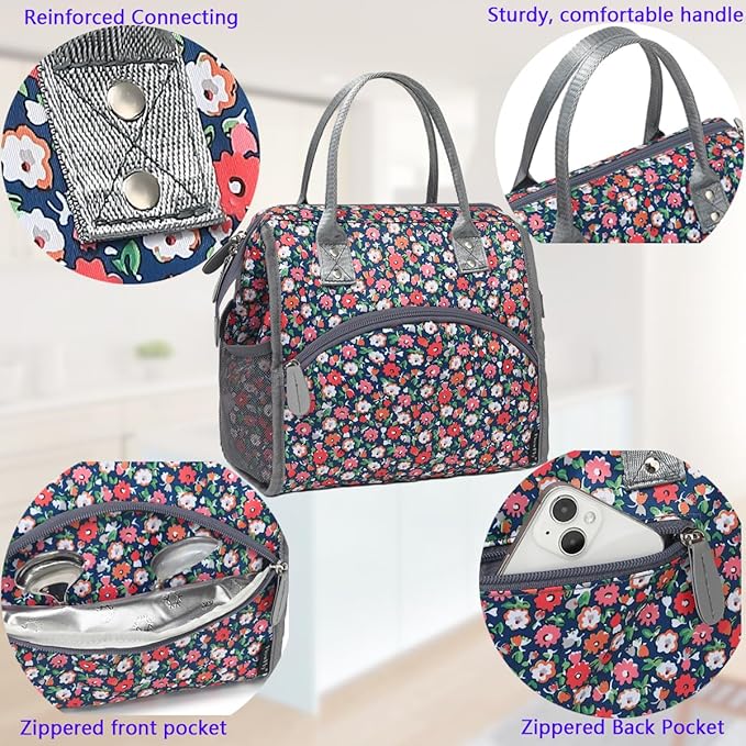 FlowFly Insulated Lunch Bag for Women, Men, Large and Reusable, with Handle, for Work, Travel, and Meal Prep Organizer, Floral