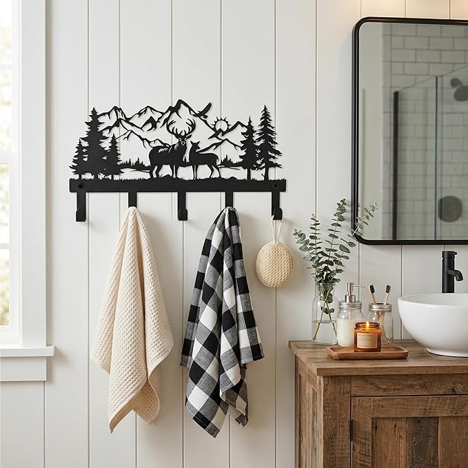 Deer Mountain Metal Key Holder Wall Mount Key Holder for Wall Rustic Cabin Decor Key Rack Hooks Hanger Woodland Wildlife Wall Art Entryway Organizer Housewarming Hunting Gifts