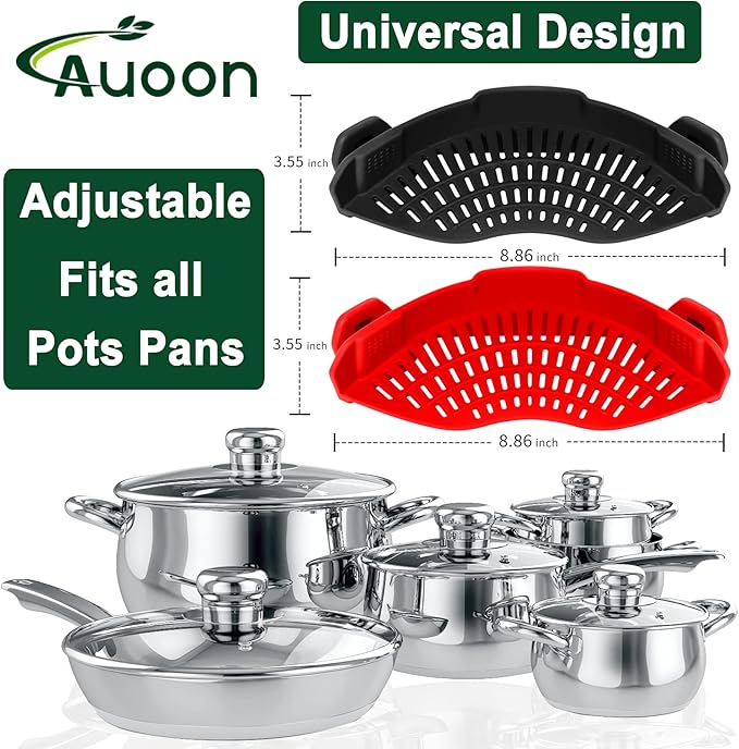 2PACK AUOON Clip on Strainer for All Pots Pans - Silicone Kitchen Colander Food Strainer for Pasta Meat Vegetable Fruits | Easy to Use and Store, Dishwasher Safe (BlackRed)