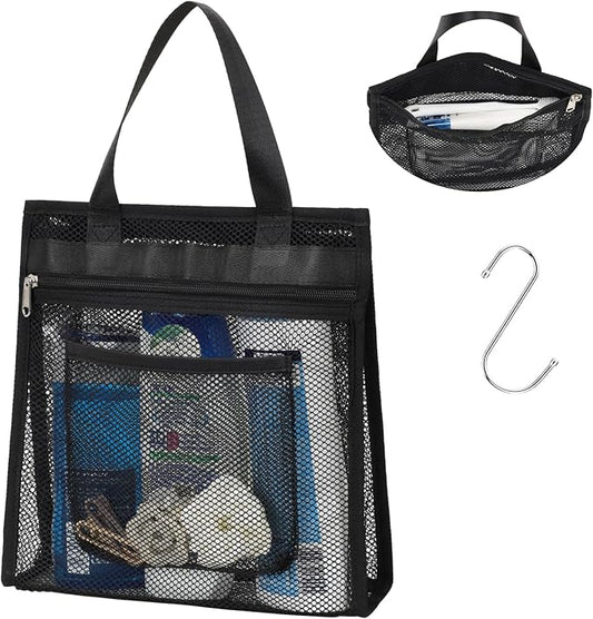 F-color Mesh Shower Caddy Portable Hanging - 3 Pockets Small Shower Bag Tote for Camping, Gym, Travel, Toiletry, Quick Dry Bathroom Essentials with S Hook, Black