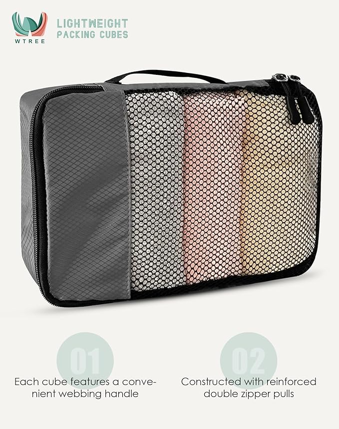 4-Piece Packing Cubes Travel Accessories Set for Suitcases - Luggage Organizer Bags with Double Zipper - Mesh Top - Large - Dark Grey