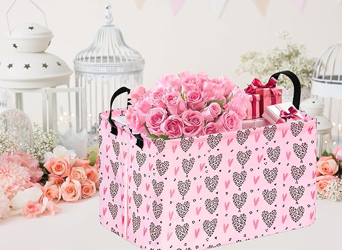 Rec Heart Print Box Hamper Storage Basket Collapsible Organizer Bin Gift Shelf Baskets for Home and Kitchen Storage